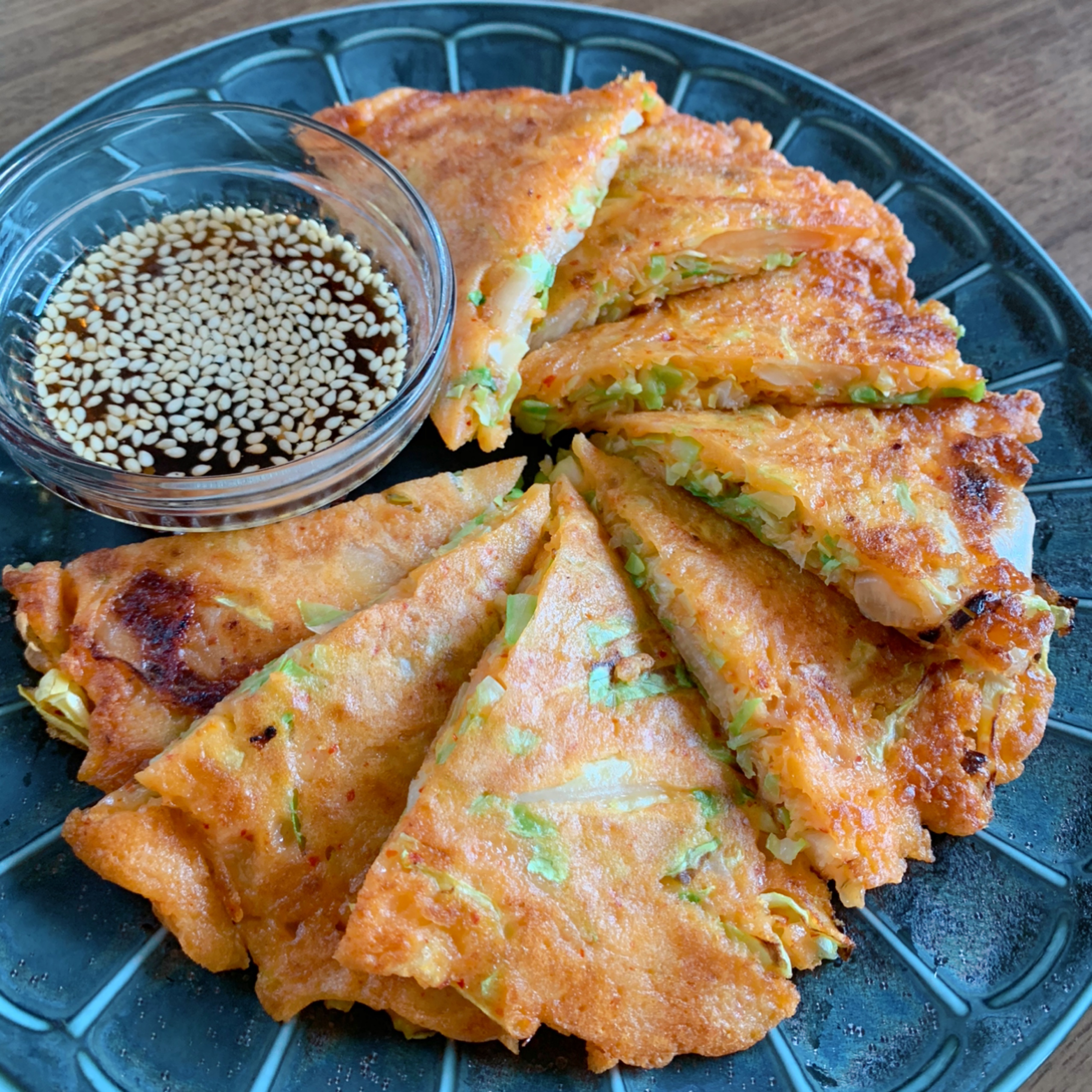 This is a Korean pancake recipe with cabbage and kimchi.