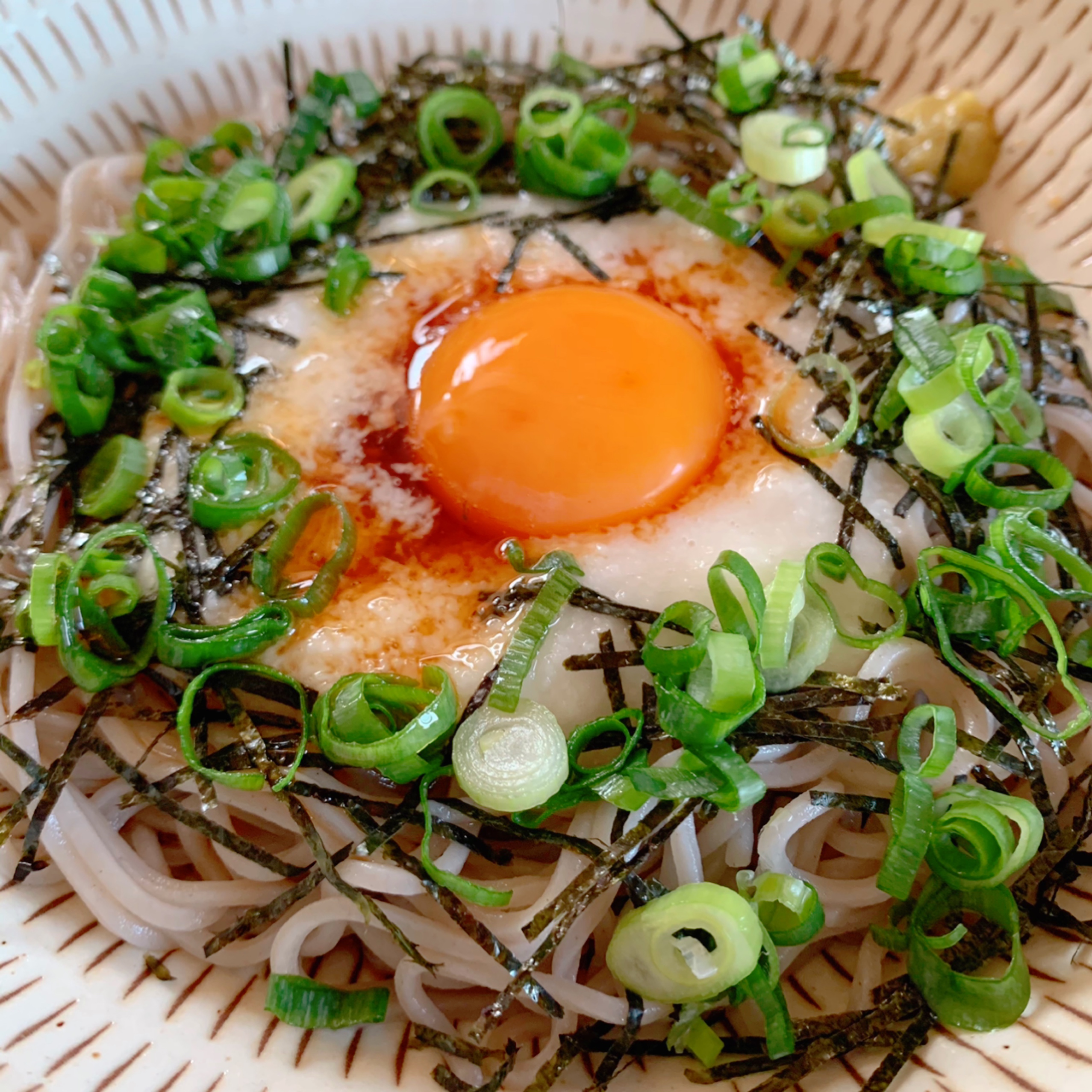 A cold noodle dish with tororo (grated yam) on soba.