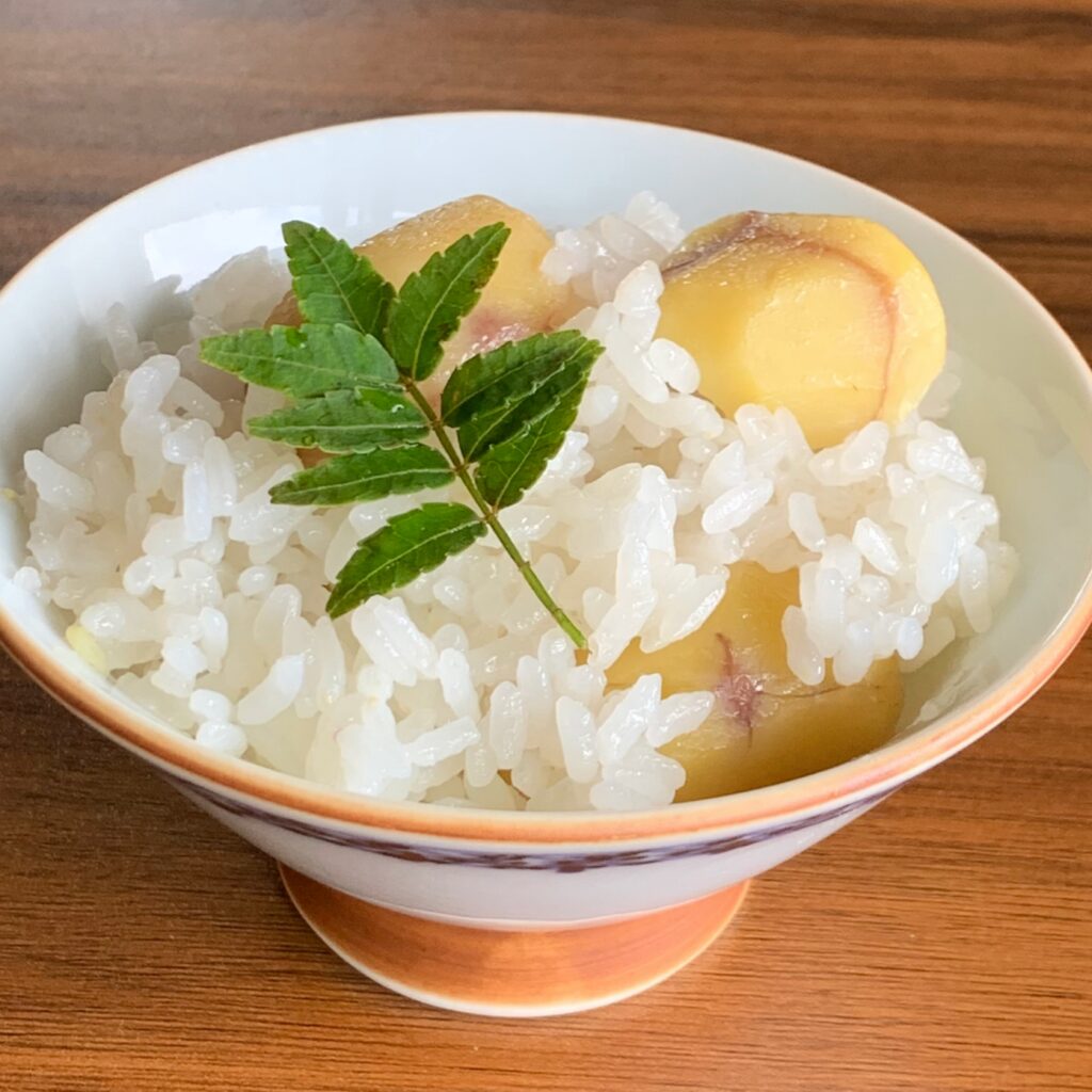 Rice cooked with chestnuts. Mixed with sticky rice.