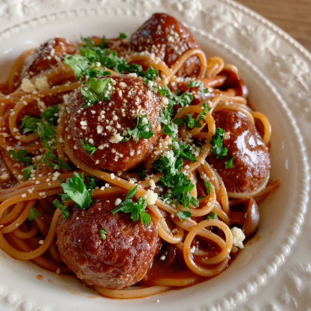 Demi-glace sauce, meatballs and spaghetti(pasta)