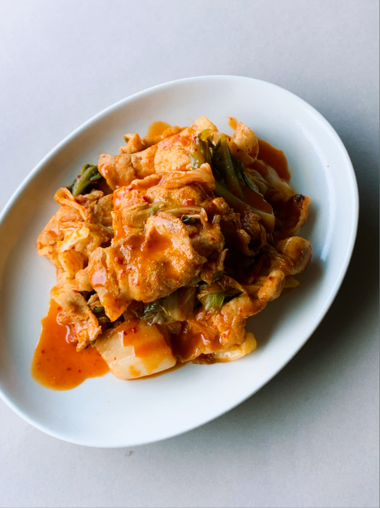 buta kimchi 
Pork, cabbage, and kimchi are stir-fried. 