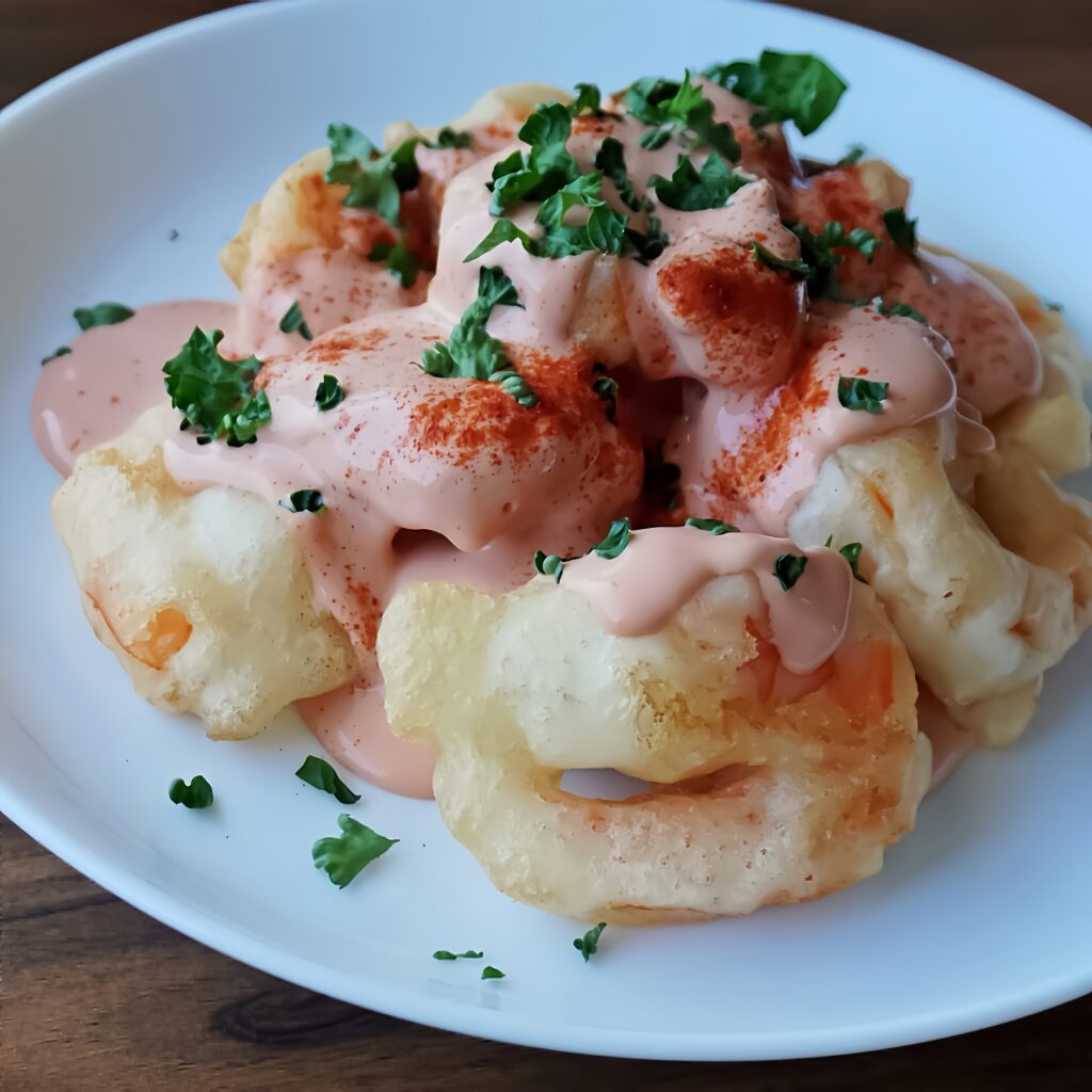 Fluffy shrimp fritters with Japanese-style aurora sauce