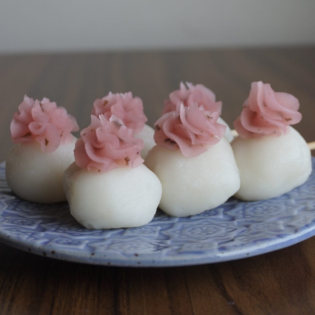 Dango with Sakura an (Sweet dumplings topped with sakura an)