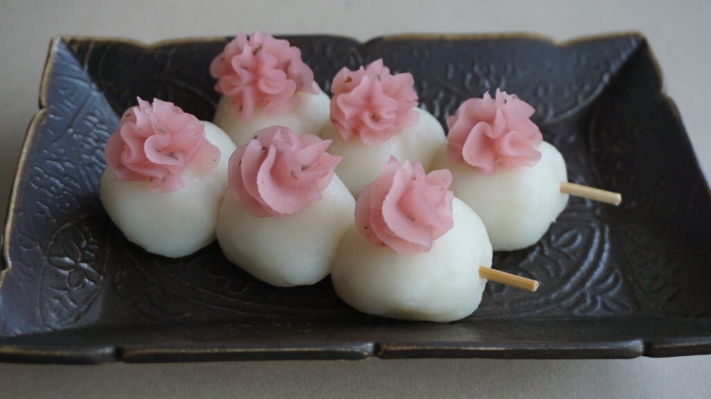 Dango topped with Sakura Cherry Blossom An Paste