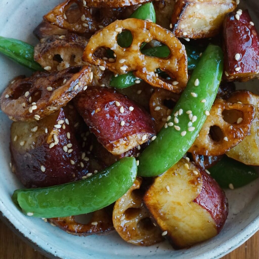Crispy Sweet Potato and Lotus Root with Black Vinegar Glaze