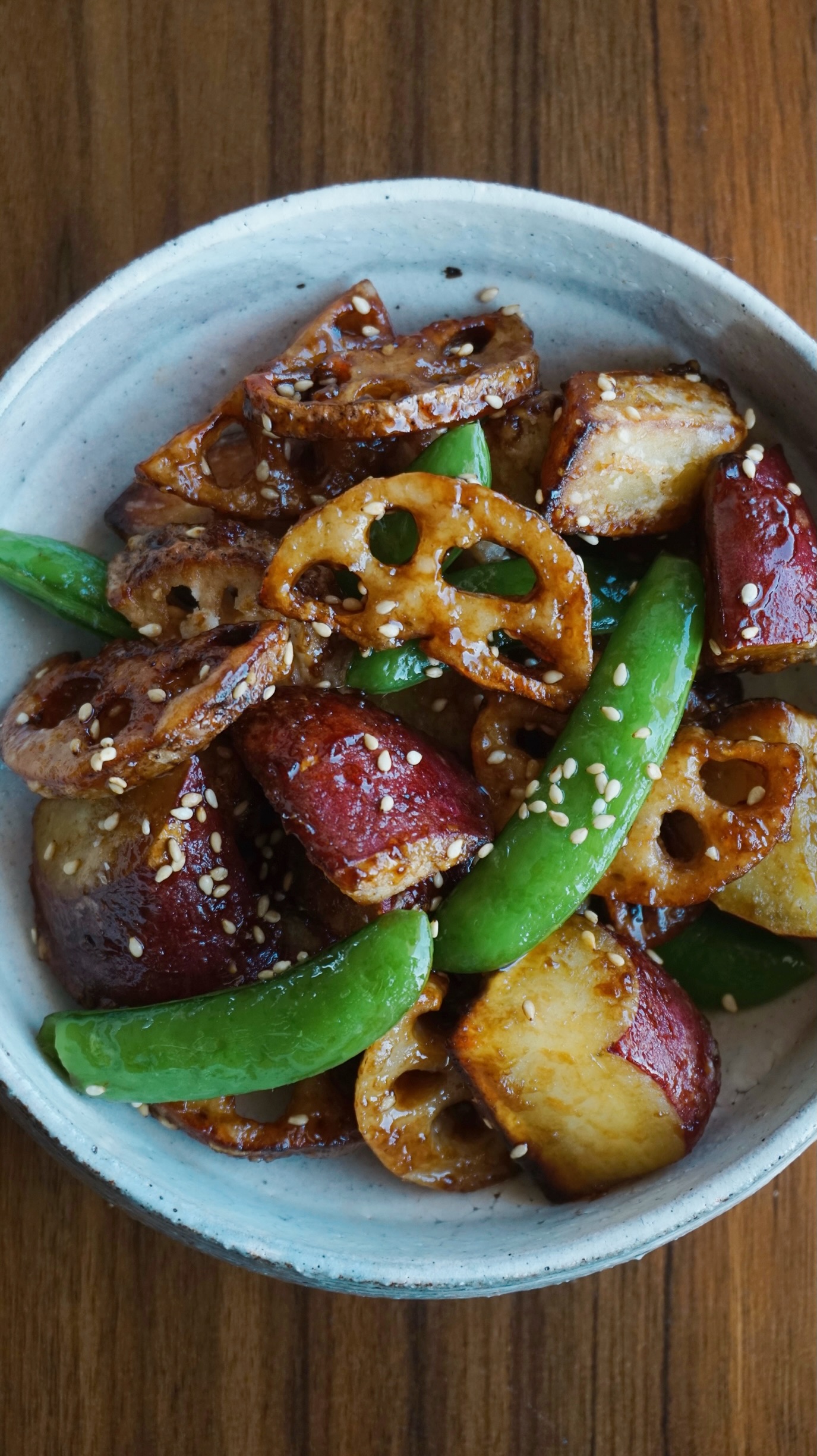 Crispy Sweet Potato and Lotus Root with Black Vinegar Glaze