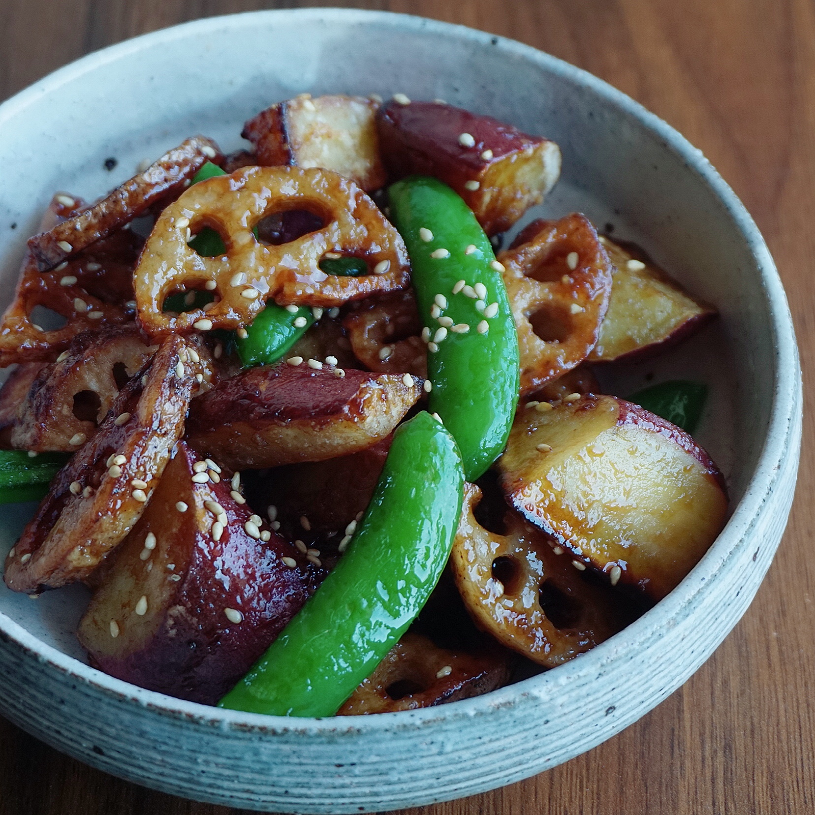 Crispy Sweet Potato and Lotus Root with Black Vinegar Glaze